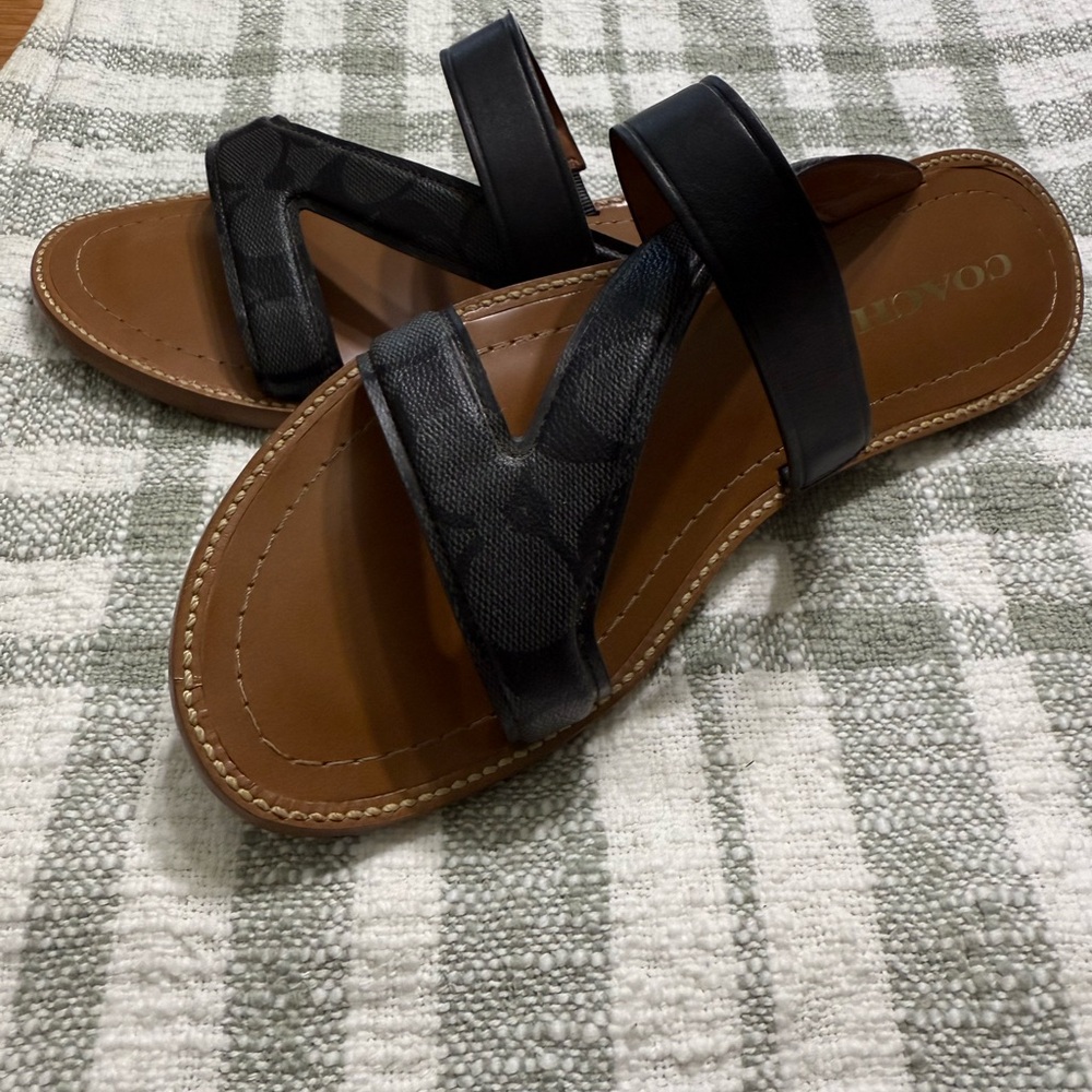 Coach Black Cross-Strap Leather Slide Sandals with Brown Footbed - Picture 2 of 4